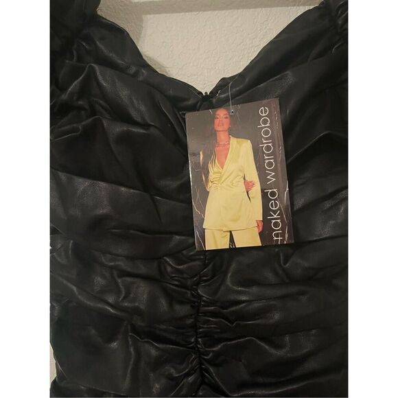 Naked Wardrobe Black Faux Leather Ruched Mini Dress. MSRP $484! NEW NWT - Picture 5 of 6